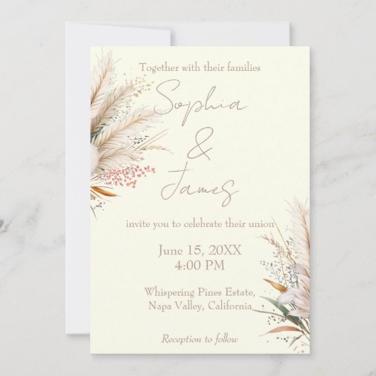 Ivoor Boho Pampas Gras Bruiloft Kaart (Voorkant)