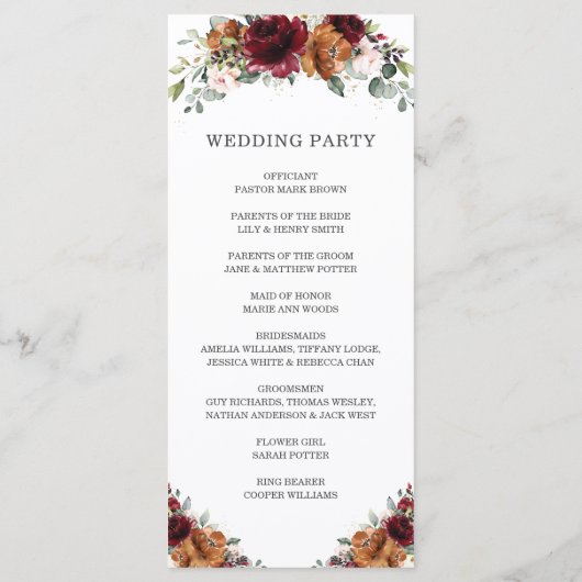 Ivoor Bourgogne Sinaasappel Bloemen Huwelijk Progr Programmakaart (Achterkant)