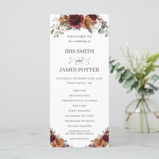 Ivoor Bourgogne Sinaasappel Bloemen Huwelijk Progr Programmakaart (Staand voorkant)