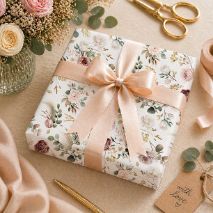 Ivoor & Bourgondië Bloemrijke Bruiloftsshower Cadeaupapier