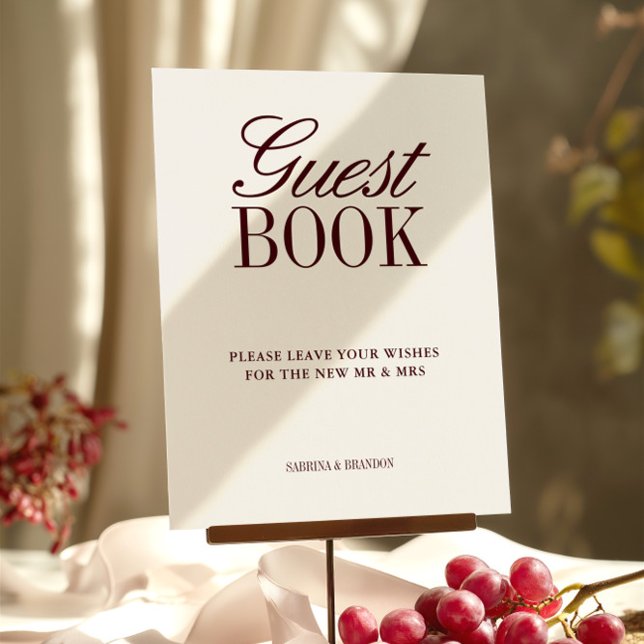Ivoor & Bourgondië Guest Book Trouwtafel Teken (Ivory & Burgundy Guest Book Wedding Tabletop Sign)