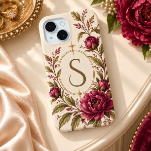 Ivoor Bourgondië Pioen Botanisch Monogram iPhone 15 Case