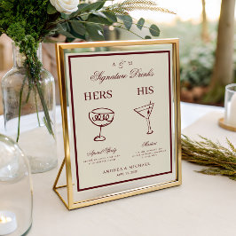 Ivoor & Burgundy Retro Onderschrift Dranken Bord Poster