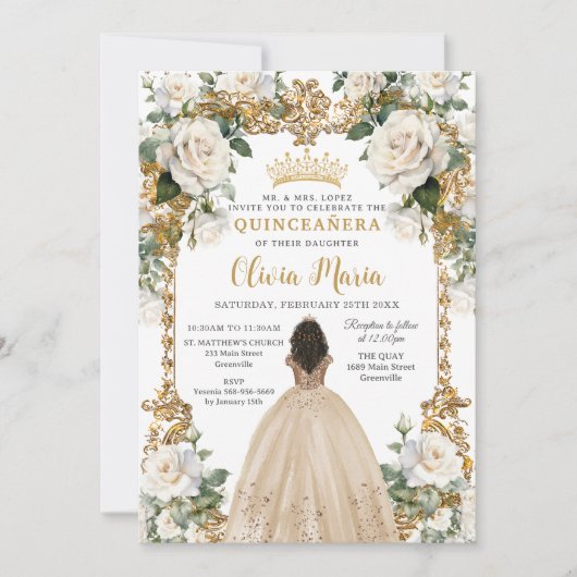  Ivoor Champagne Bloemen Jurk Quinceanera Kaart (Voorkant)