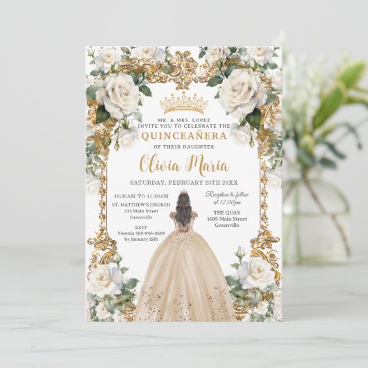  Ivoor Champagne Bloemen Jurk Quinceanera Kaart (Staand voorkant)
