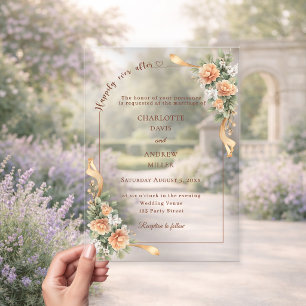 Ivoor champagne bloemen lint luxe trouwfeest acryl uitnodigingen