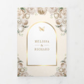 Ivoor Cream Floral Gold Arch Butterfly Wedding Drieluik Uitnodiging (Cover)