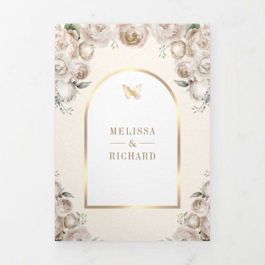 Ivoor Cream Floral Gold Arch Butterfly Wedding Drieluik Uitnodiging (Cover)