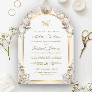 Ivoor Cream Floral Gold Arch Butterfly Wedding Kaart