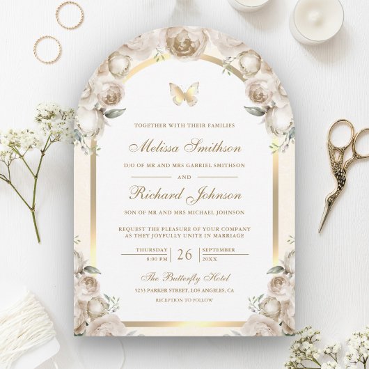 Ivoor Cream Floral Gold Arch Butterfly Wedding Kaart