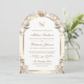 Ivoor Cream Floral Gold Arch Butterfly Wedding Kaart (Staand voorkant)