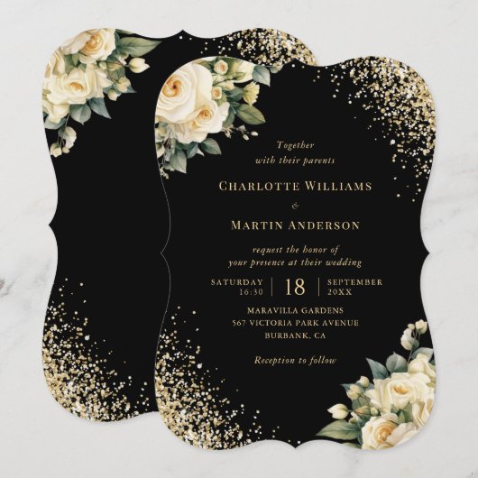 Ivoor Cream Roos Zwart Goud Bloemen Huwelijk Kaart (Voorkant / Achterkant)