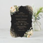 Ivoor Cream Roos Zwart Goud Bloemen Huwelijk Kaart (Staand voorkant)