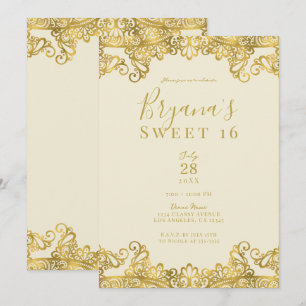 Ivoor Crème & Gouden Kant Elegant Sweet 16 Feestje Kaart