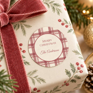 Ivoor Crème Rood Vintage Tartan Schotse Ruit Kerst Ronde Sticker