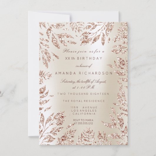 Ivoor Crème Roze Gouden Glitter Bladeren Bloem Kad Kaart (Voorkant)