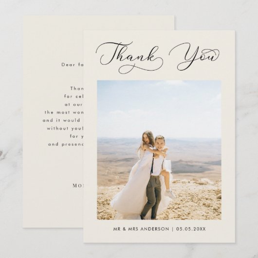 Ivoor Delicate Kalligrafie Trouwfoto Dank u Bedankkaart (Voorkant / Achterkant)