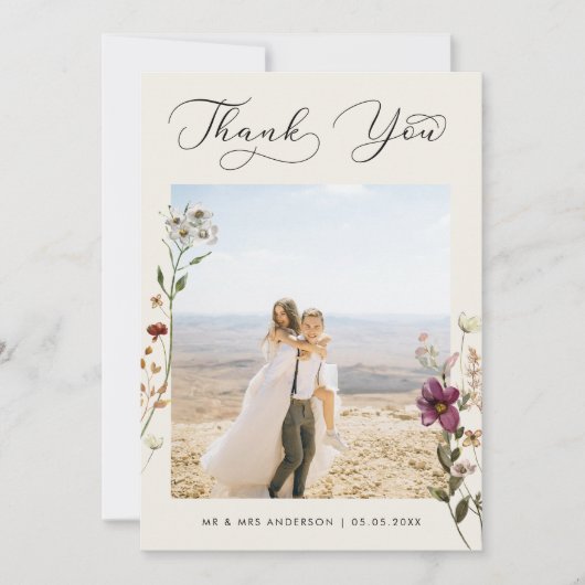 Ivoor Delicate Wildbloemen Foto Bruiloft Dank u Bedankkaart (Voorkant)