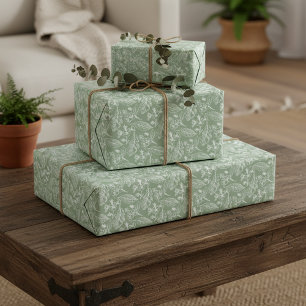 Ivoor Ecru Bladeren Bloemmotief op Saliegroen Cadeaupapier