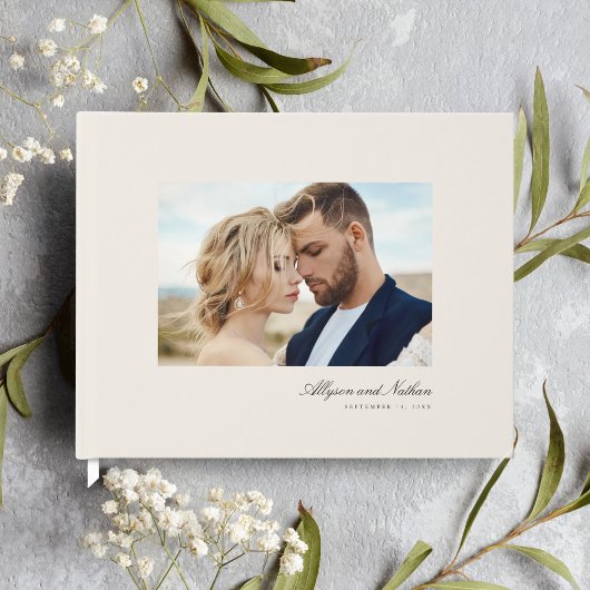 Ivoor Elegant Modern Eenvoudig Script Foto Bruilof Gastenboek