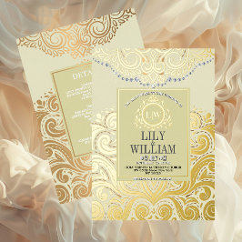 Ivoor Elegante Artdeco Diamond Monogram Huwelijk Folie Uitnodiging