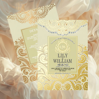 Ivoor Elegante Artdeco Diamond Monogram Huwelijk Folie Uitnodiging