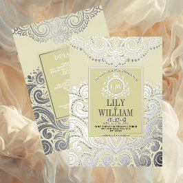 Ivoor Elegante Artdeco Diamond Monogram Huwelijk Folie Uitnodiging