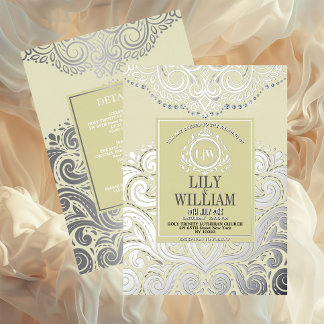 Ivoor Elegante Artdeco Diamond Monogram Huwelijk Folie Uitnodiging