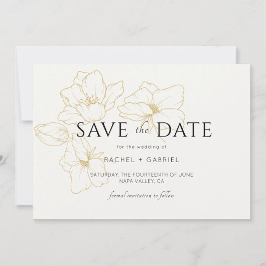 Ivoor | Elegante gouden bloemenbruiloft save the d Save The Date (Voorkant)