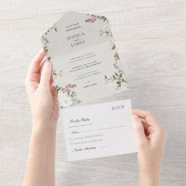 Ivoor en Beige Vintage Bloemige Elegante Trouw All In One Uitnodiging