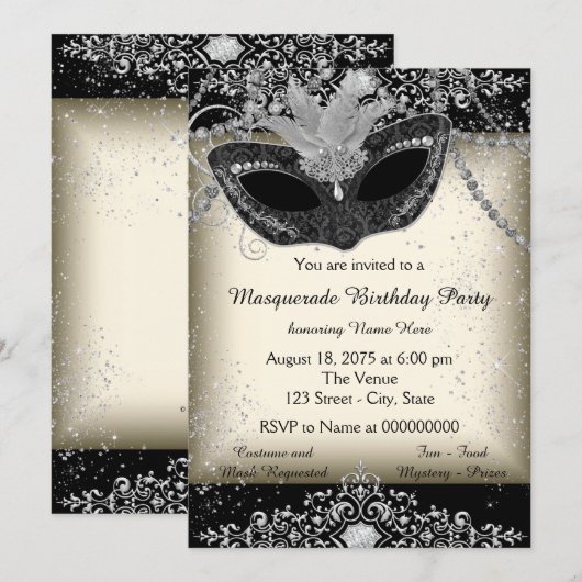 Ivoor en Black Pearl Glitter Masquerade Party Kaart (Voorkant / Achterkant)