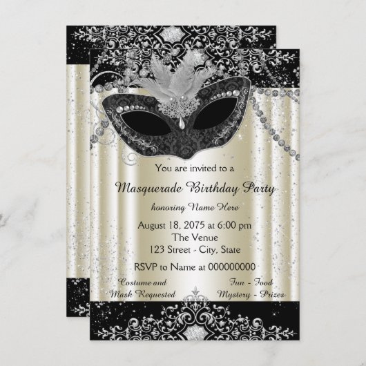 Ivoor en Black Pearl Glitter Masquerade Party Kaart (Voorkant / Achterkant)