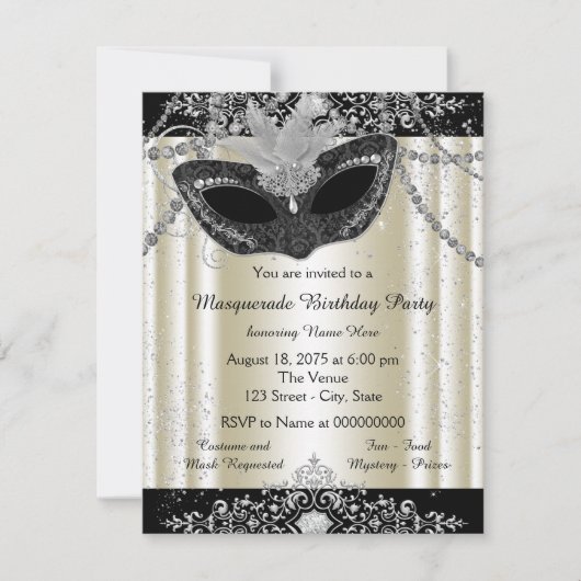Ivoor en Black Pearl Glitter Masquerade Party Kaart (Voorkant)