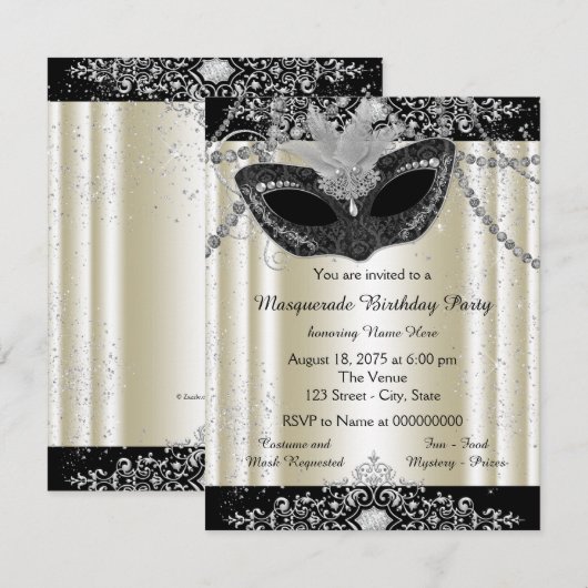 Ivoor en Black Pearl Glitter Masquerade Party Kaart (Voorkant / Achterkant)