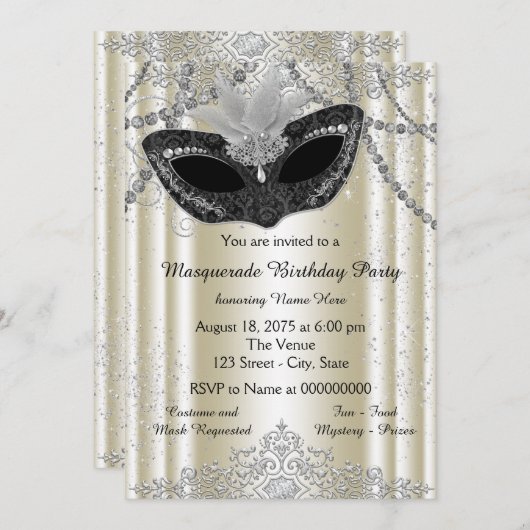 Ivoor en Black Pearl Masquerade Party Kaart (Voorkant / Achterkant)
