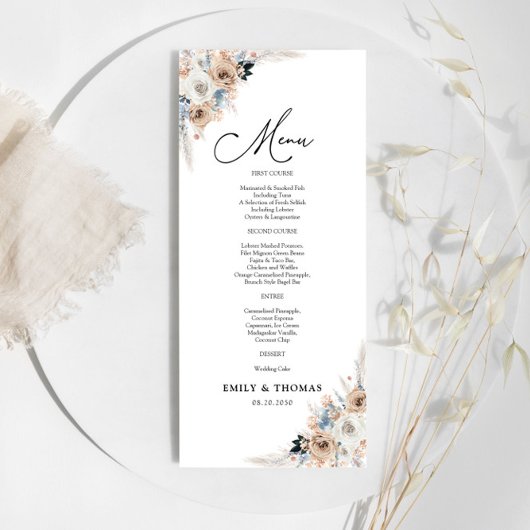 Ivoor en blauw Boho Bloemen Trouwceremonie Menu