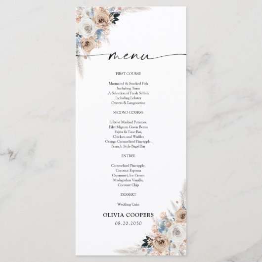 Ivoor en blauw Boho Floral Baby shower Menu (Voorkant)