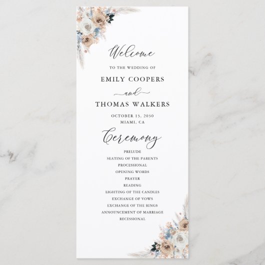 Ivoor en blauw Boho Floral huwelijksprogramma Programmakaart (Voorkant)