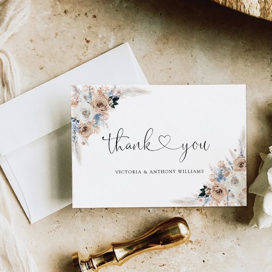 Ivoor en blauw Boho Floral Wedding Flat Bedankt