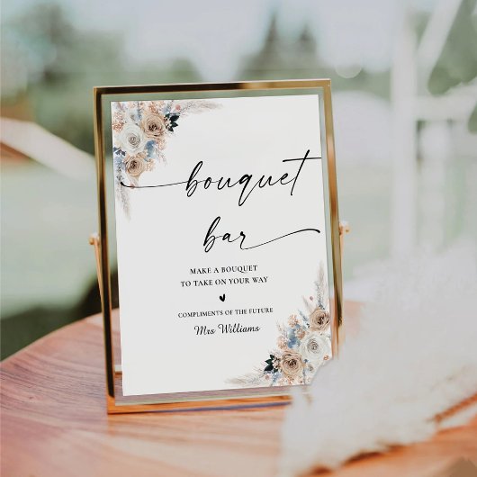 Ivoor en blauw Boho Vrijgezellenfeest Boeket Bar T Reclamebord Met Voetstuk