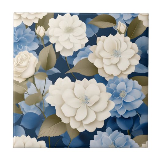 Ivoor en blauwe hortensia Bloemensereniteit Tegeltje (Voorkant)