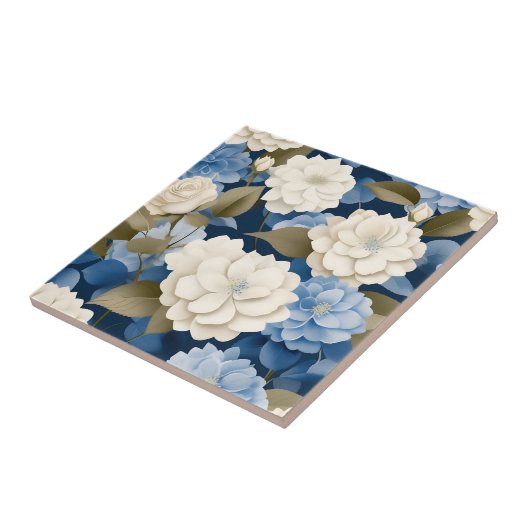 Ivoor en blauwe hortensia Bloemensereniteit Tegeltje (Zijkant)