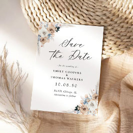 Ivoor en Blue Boho Floral Save The Date Kaart