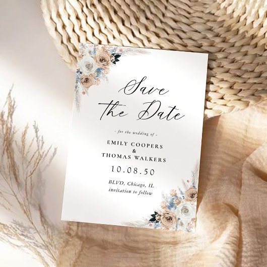 Ivoor en Blue Boho Floral Save The Date Kaart