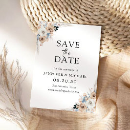 Ivoor en Blue Boho Floral Save The Date Kaart
