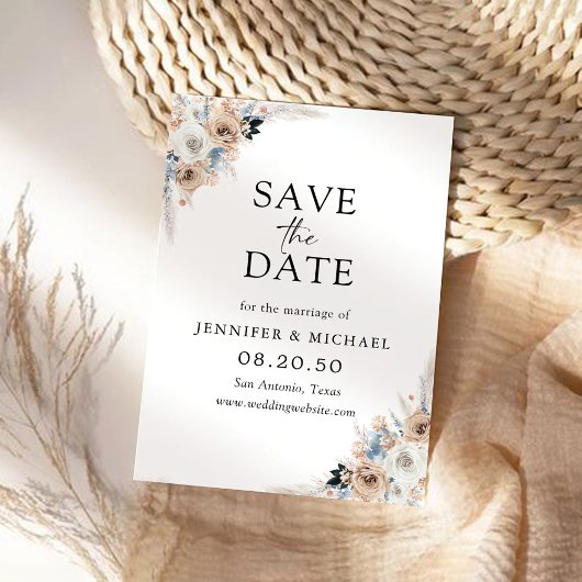 Ivoor en Blue Boho Floral Save The Date Kaart