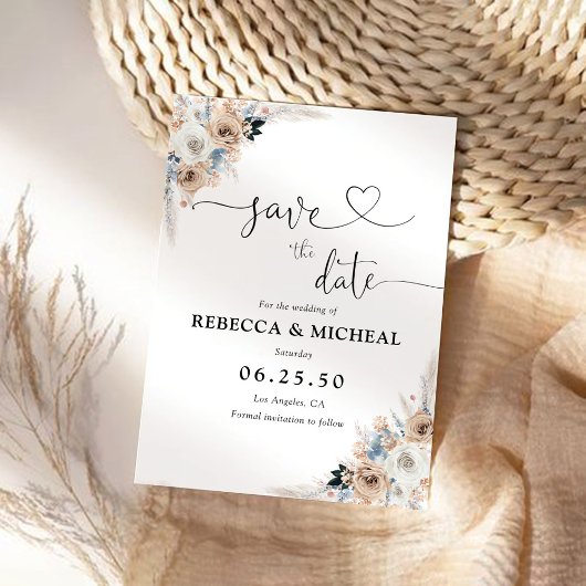 Ivoor en Blue Boho Floral Save The Date Kaart