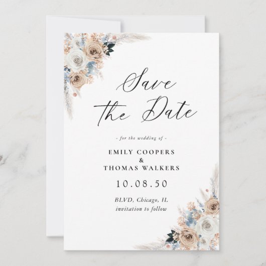 Ivoor en Blue Boho Floral Save The Date Kaart (Voorkant)