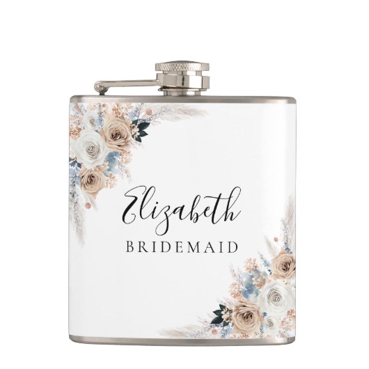 Ivoor en Blue Boho Floral Vrijgezellenfeest Flask Heupfles (Voorkant)