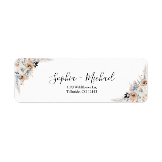 Ivoor en Blue Boho Wedding Retour Adres Label (Voorkant)